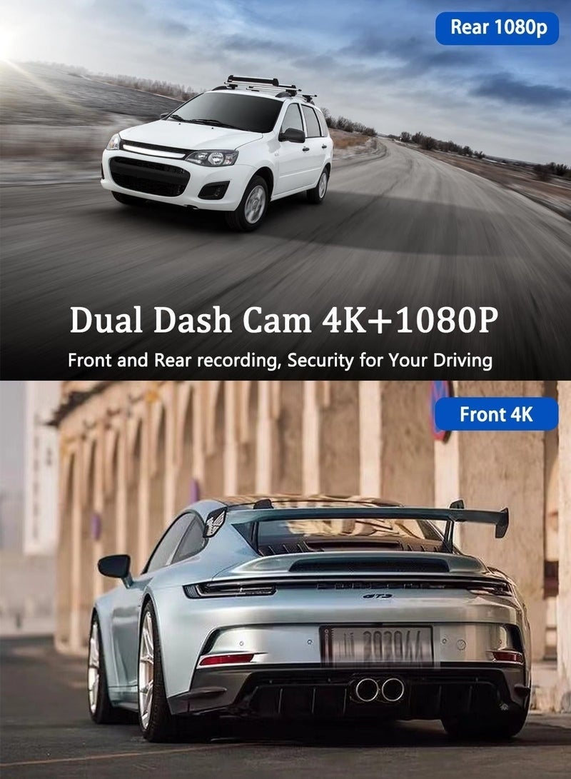 غاز مجموعة كاميرات داش كام بدقة 4K، أمامية بدقة 4K وخلفية بدقة 1080P، مع وحدة GPS وبطاقة ذاكرة بسعة 128 جيجابايت، اتصال واي فاي مدمج بتطبيق الهاتف المحمول - Image 2